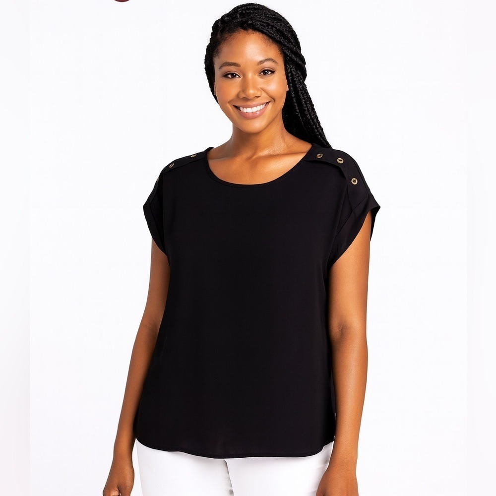 Xena Black Sheer Blouse with Gold Button Accents Size Large